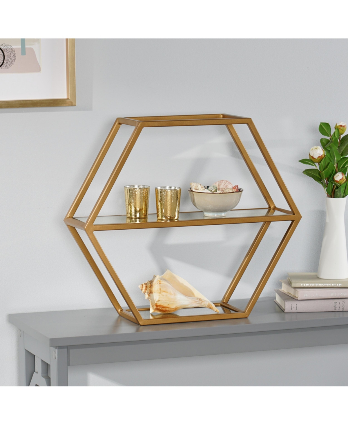 Streamdale Furniture Hexagonal Glass Shelf with Metallic Accents for Modern Glam Decor