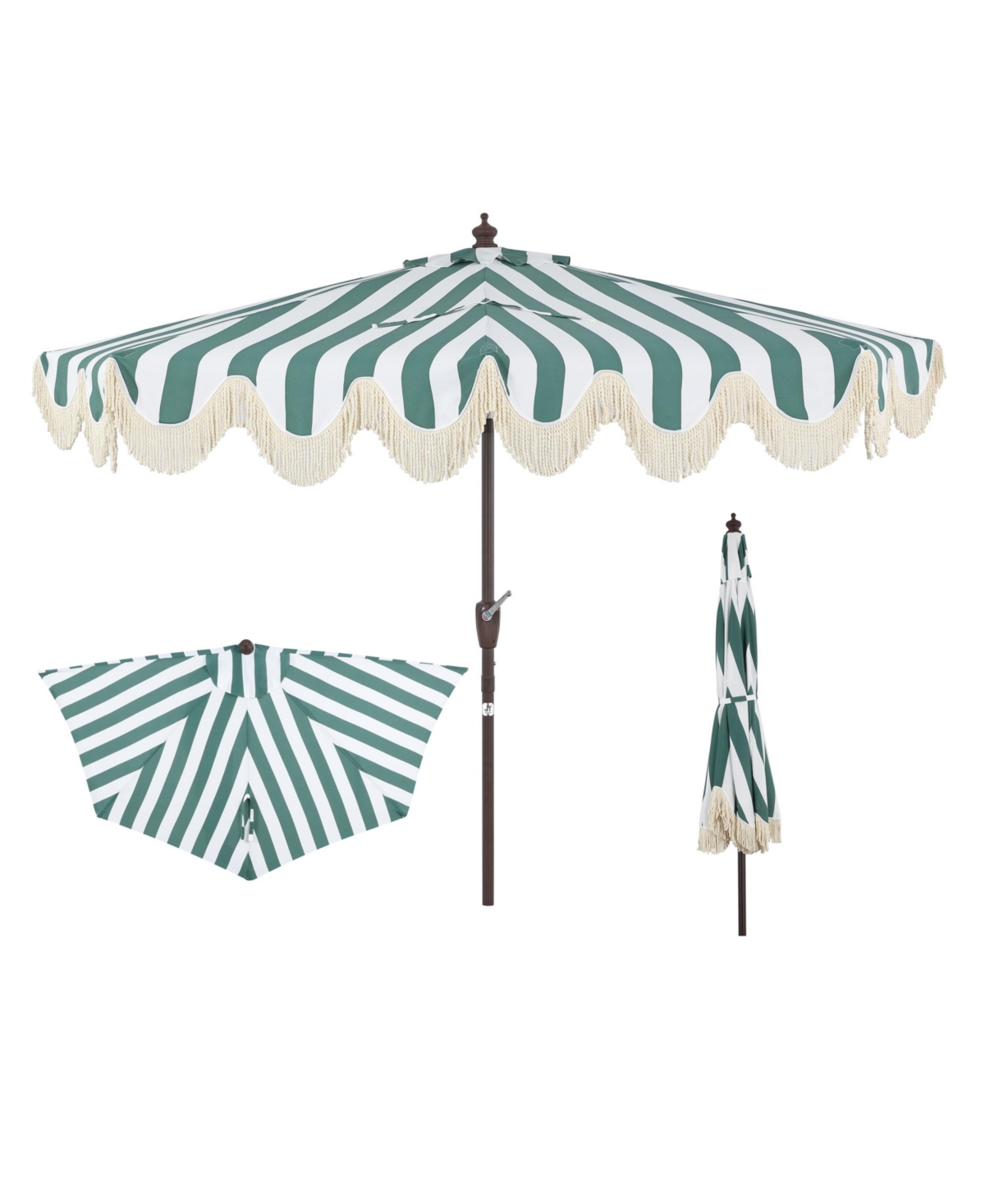 9ft Half Market Umbrella, Scalloped Fringe, Crank, Button Tilt, Uv Protection - Bluewhite