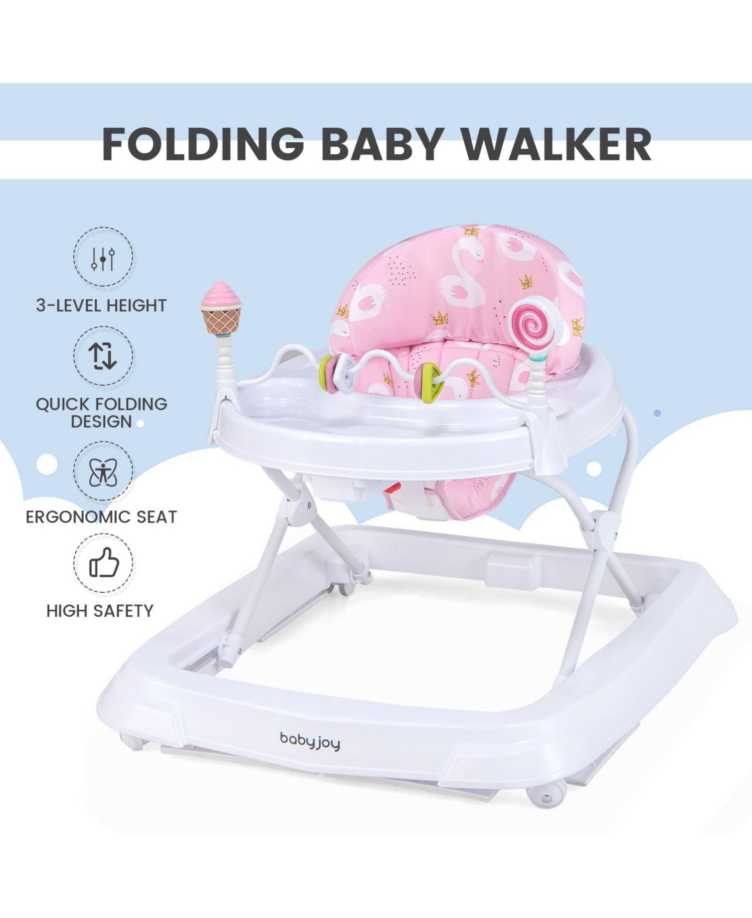 Foldable Baby Activity Walker with Adjustable Heightand Detachable Seat