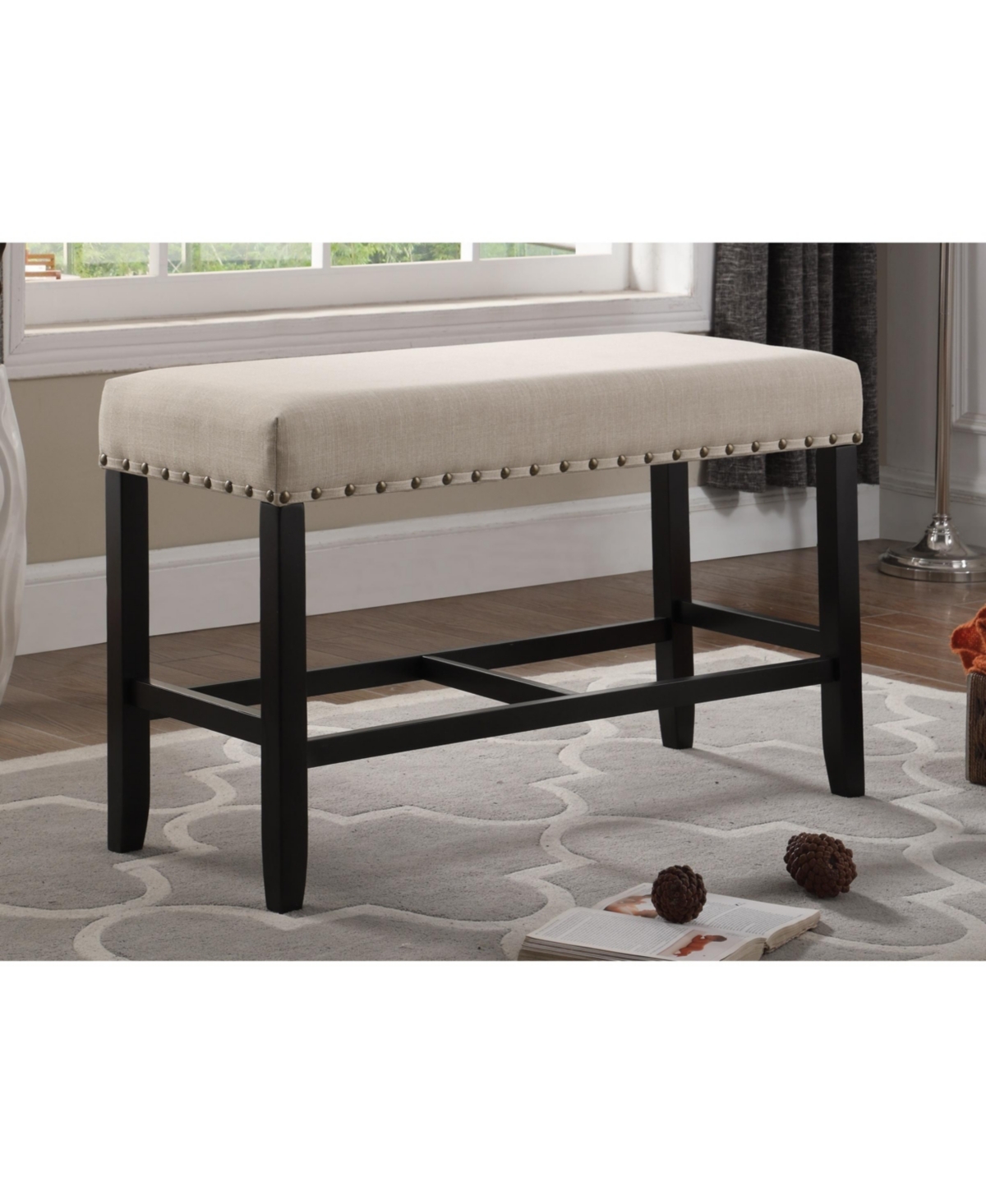 Streamdale Fabric Counter Height Dining Bench with Nailhead Trim, Tan