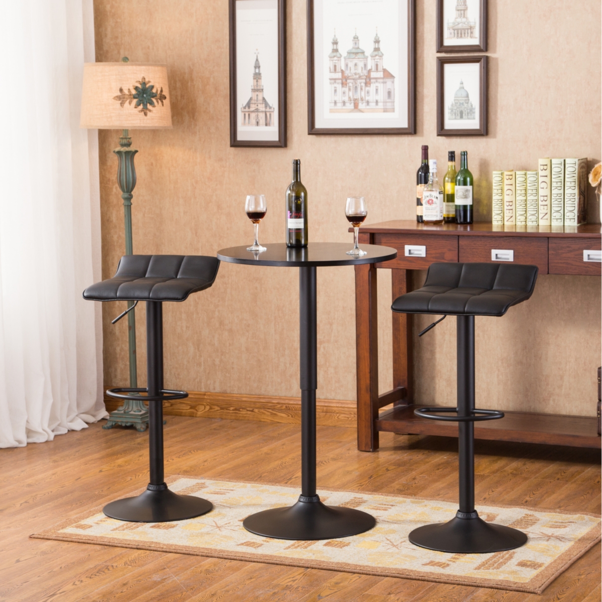 Streamdale Furniture Belham Black Round Top Adjustable Height Bar Table and 2 Bonded Leather Swivel Bar Stools