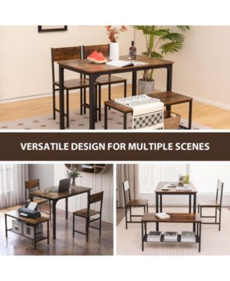 4 Pieces Rustic Dining Table Set with 2 Chairs and Bench