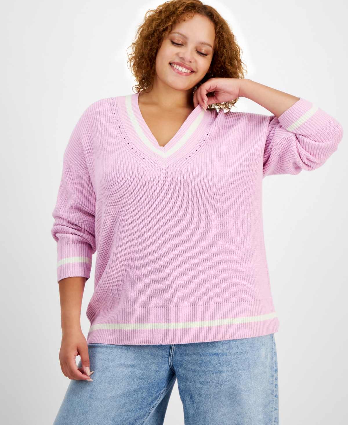 ON 34TH TRENDY PLUS SIZE V-NECK TIPPED SWEATER, CREATED FOR MACY'S 
