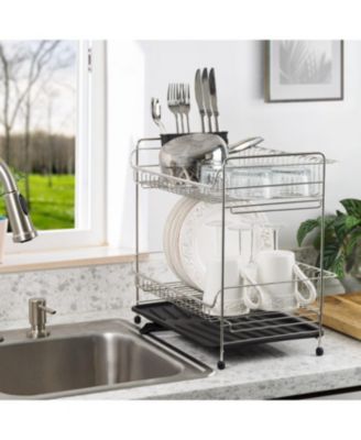 USA 2-tier Medium-sized Dish Rack with Drain Spout, Dish Rack and Drainer, Black