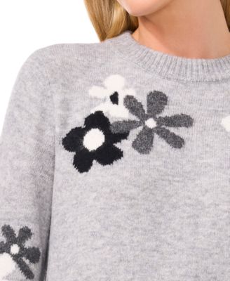 Women's Crewneck Flower Patterned Knit Long-Sleeve Sweater