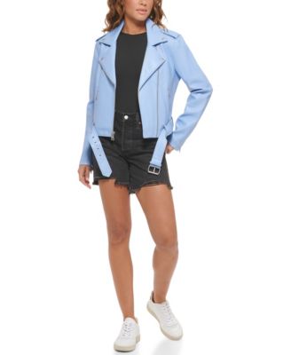 Women's Faux-Leather Belted Hem Moto Jacket