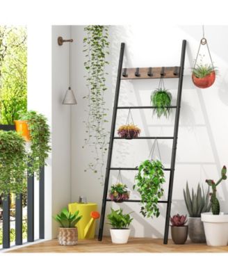 Wall-Leaning Decorative Blanket Holder with 5 Removable Hooks