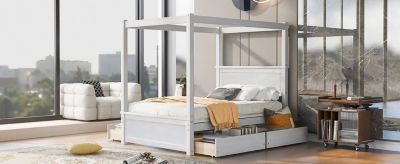 Streamdale Full Size Wood Canopy Bed with Drawers, Brushed White
