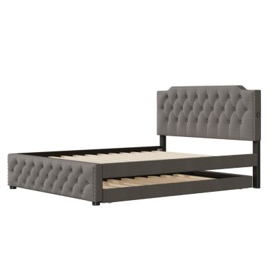 Streamdale Gray Upholstered Queen Platform Bed with Trundle & USB Ports