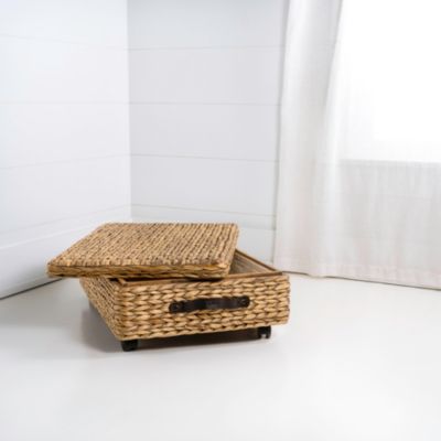Chett 26.38&amp;#x22; Minimalist Hand-Woven Hyacinth/Wood Underbed Storage Bin with Wheels and Handles
