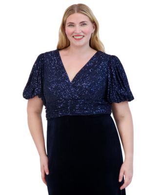 Eliza J Plus Size V-Neck Mixed-Media Sequin Velvet Gown - Macy's