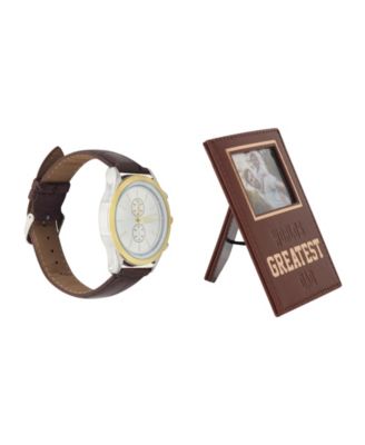 Men's Brown Leather Strap Analog Watch 33mm Gift Set