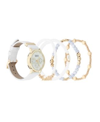 Women's White Patent Polyurethane Leather Strap Analog Watch 32mm with Stackable Bracelets Gift Set