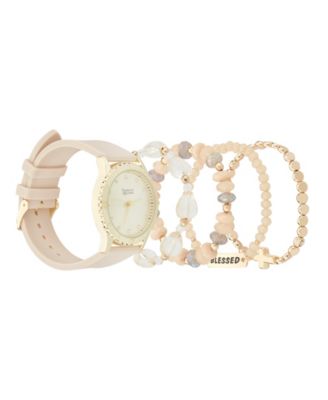 Women's Matte Beige Silicone Strap Analog Watch 38mm with Stackable Bracelets Gift Set