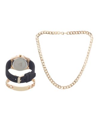 Men's Black Silicone Strap Analog Watch 42mm with Necklace and Bracelet Gift Set