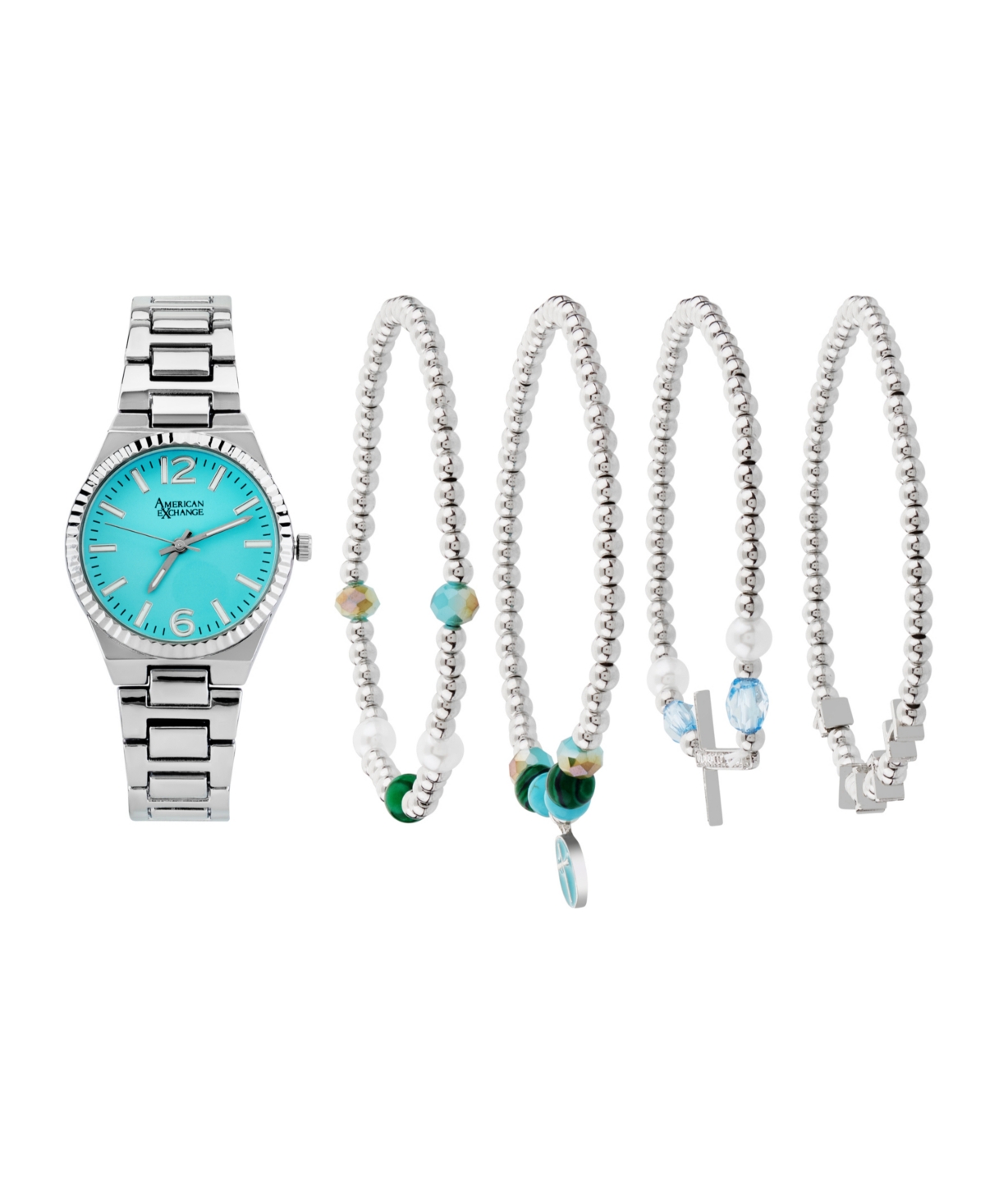 Women's Shiny Silver Tone Metal Alloy Analog Watch 33mm with Stackable Bracelets Gift Set - Shiny Silver
