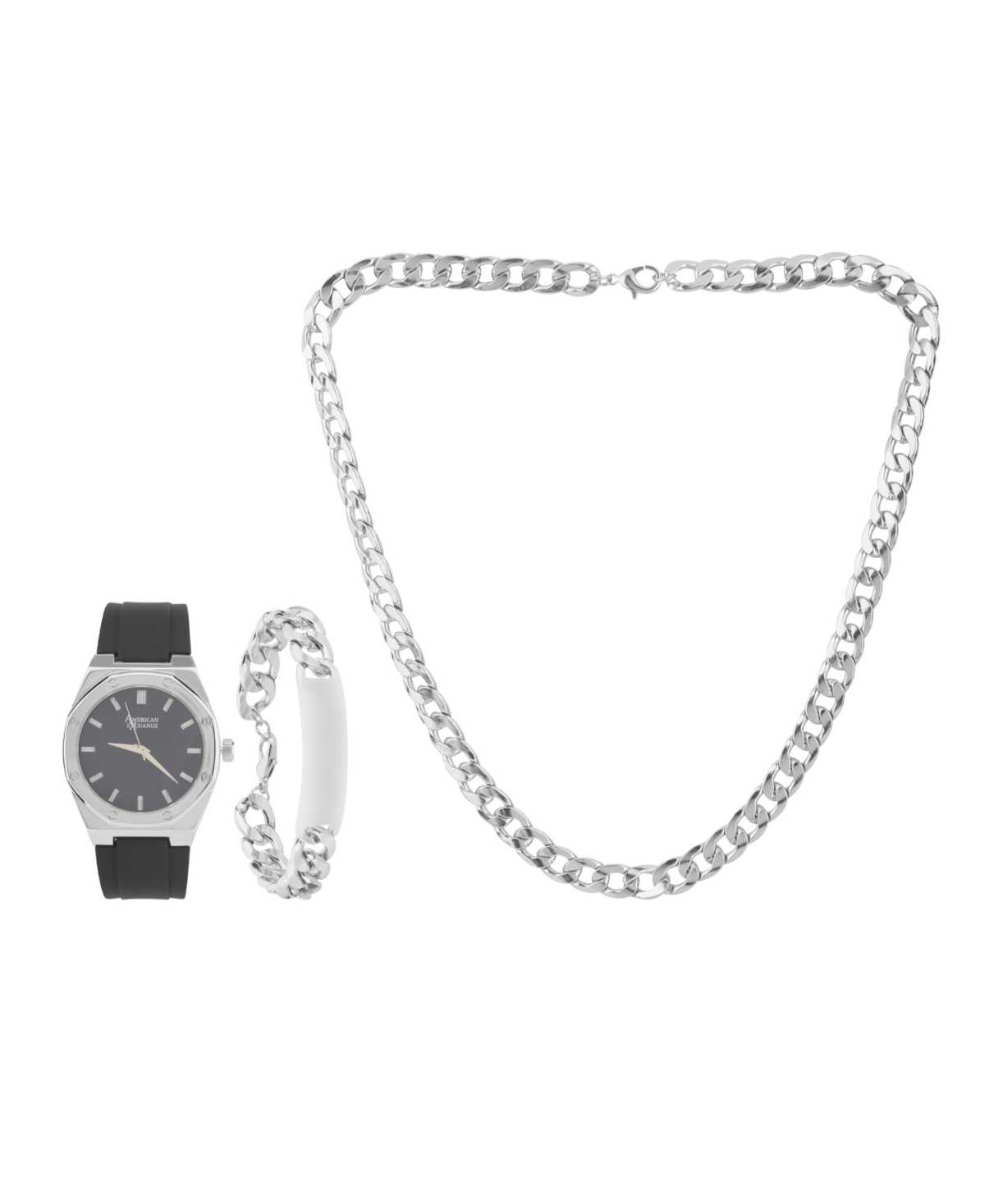 AMERICAN EXCHANGE MEN'S MATTE BLACK SILICONE STRAP ANALOG WATCH 42MM WITH NECKLACE AND BRACELET GIFT SET 