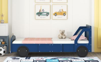 Streamdale Twin Size Car-Shaped Platform Bed With Wheels, Blue