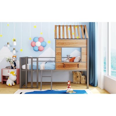 Metal Twin Size Loft Bed With Roof, Window, Guardrail, Ladder