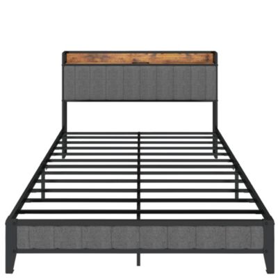 Streamdale Queen Bed Frame with Charger, Upholstered Grey Headboard