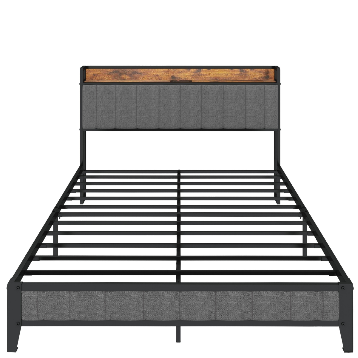 Streamdale Furniture Size Bed Frame With Charging Station, Upholstered Headboard, Metal Platform, Grey