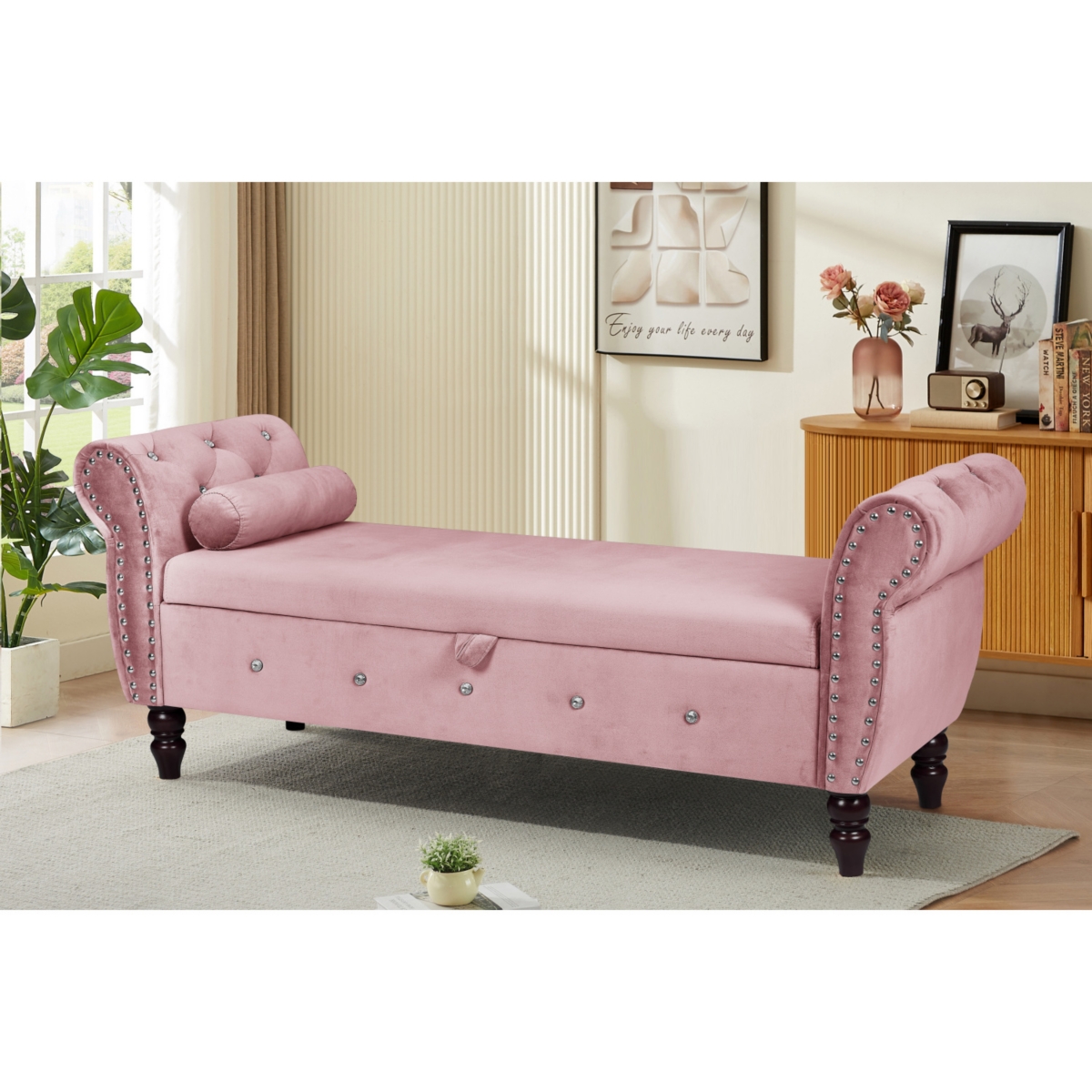 Streamdale Furniture Velvet Storage Ottoman Bench with Crystal Buckle, Solid Wood Legs, Pillow
