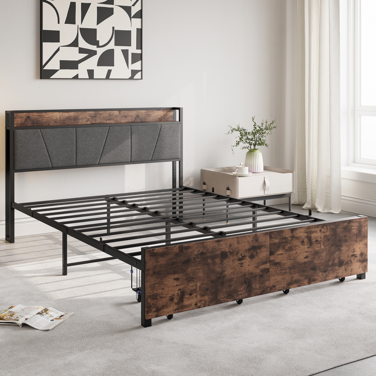 Streamdale Furniture Vintage Brown Size Bed Frame with Storage and Charging Station