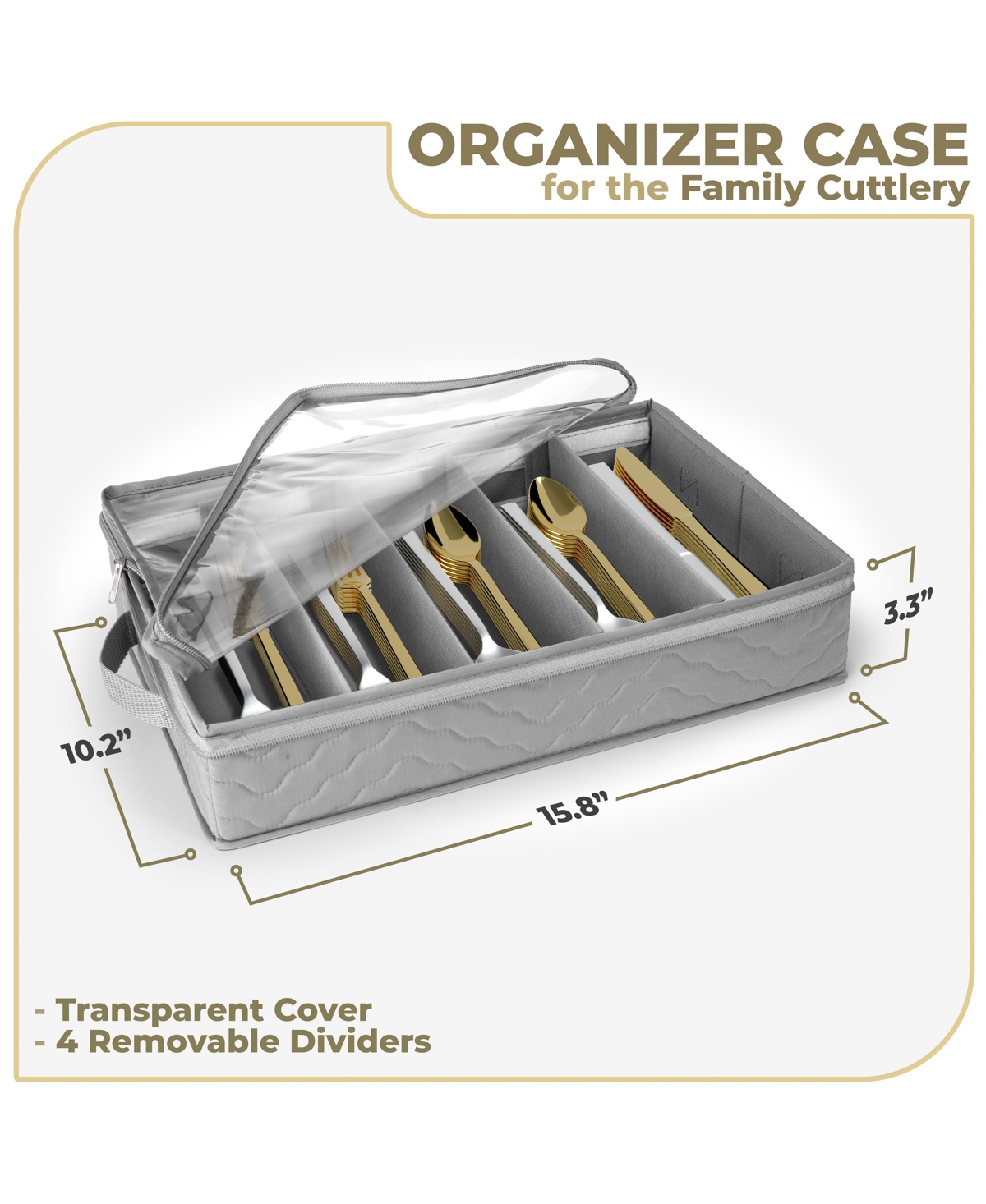 Sorbus Fabric Chest Flatware & Silverware Organizer Box with Zipper Clear Lid & Adjustable Divider - Gray