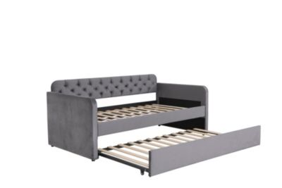 Velvet Upholstered Daybed with Trundle and USB Charging
