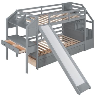 Streamdale White Twin Bunk Bed with Staircase, Slide, and Desk