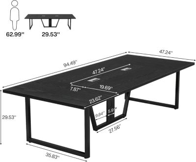 94.5-Inch Conference Table for 10 People, Industrial 8 FT Meeting Table with Two Grommets, Rectangular Podcast Training Table