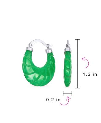 Scallop Green Jade Carved Shell Shrimp Oval Green Natural Jade Hoop Earrings Sterling Silver 1.2 Inch Diameter