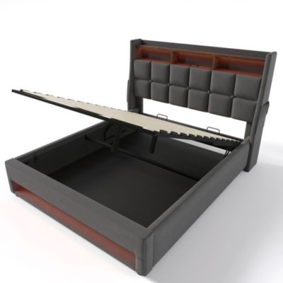 Streamdale Grey Upholstered Platform Bed with Storage and LED