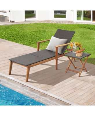 2PCS Patio Lounge Chair Adjustable Recliner Chair Acacia Wood Frame Folding Table Set