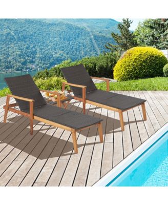 2PCS Patio Lounge Chair Adjustable Recliner Chair Acacia Wood Frame Folding Table Set