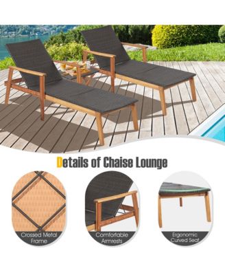 2PCS Patio Lounge Chair Adjustable Recliner Chair Acacia Wood Frame Folding Table Set