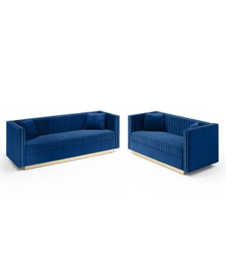Modern Blue Velvet Sofa Loveseat Set With Pillows