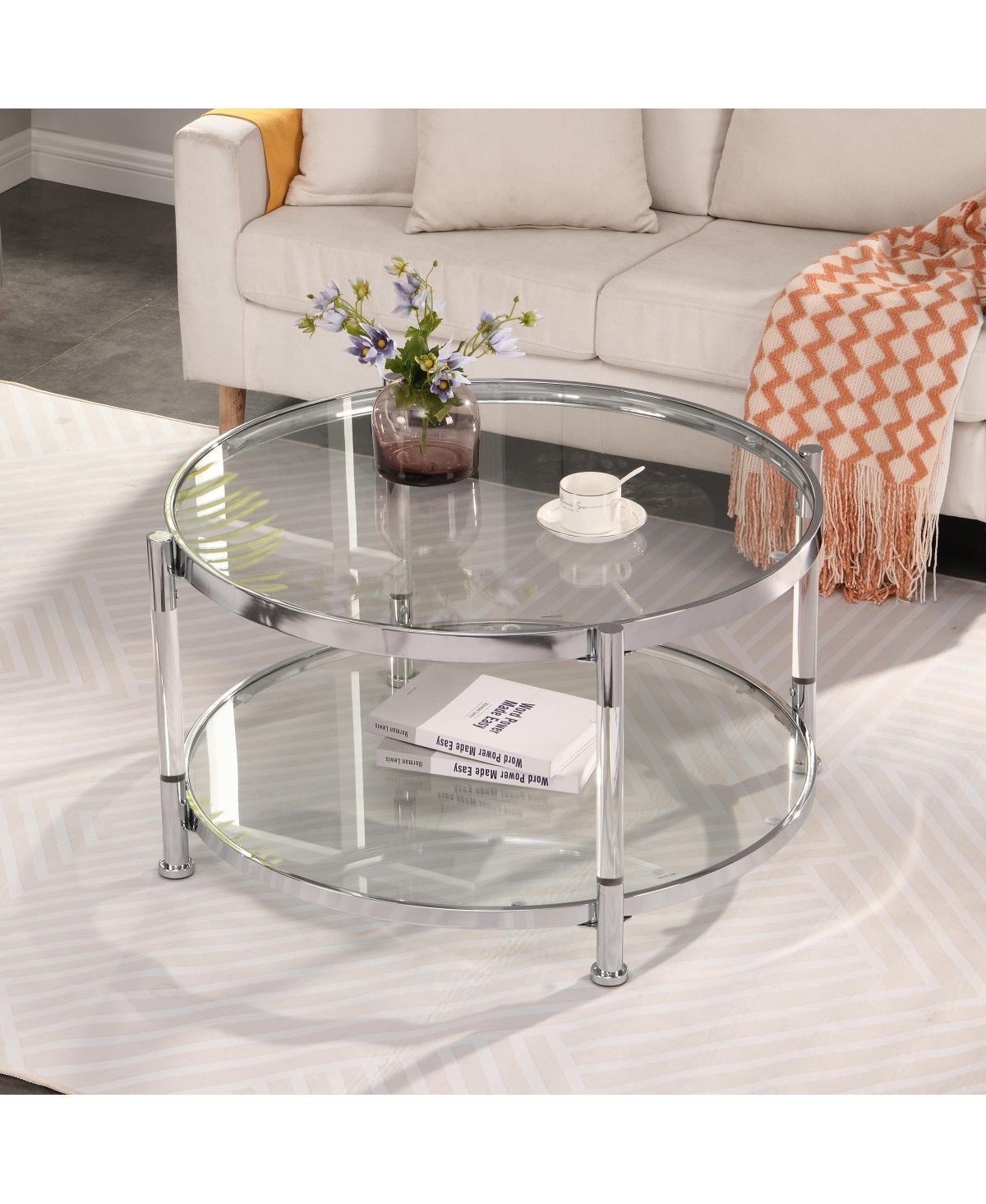 Streamdale Furniture Contemporary Acrylic Coffee Table, Round Tempered Glass Coffee Table,Silver Coffee - Chrome