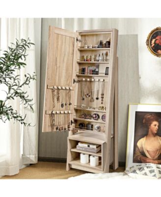 2-in-1 Wooden Cosmetics Storage Cabinet with Full-Length Mirror and Bottom Rack