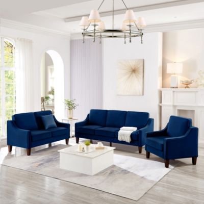Upholstered Velvet Loveseat Sofa with Wooden Legs, Navy