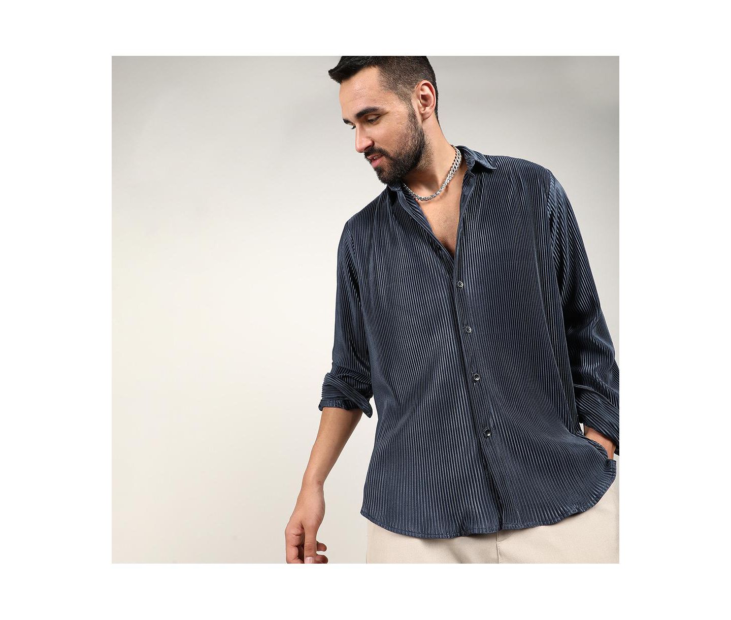 Мужская рубашка Campus Sutra Navy Blue Pleat-Creased, цвет: Синий — фото 3