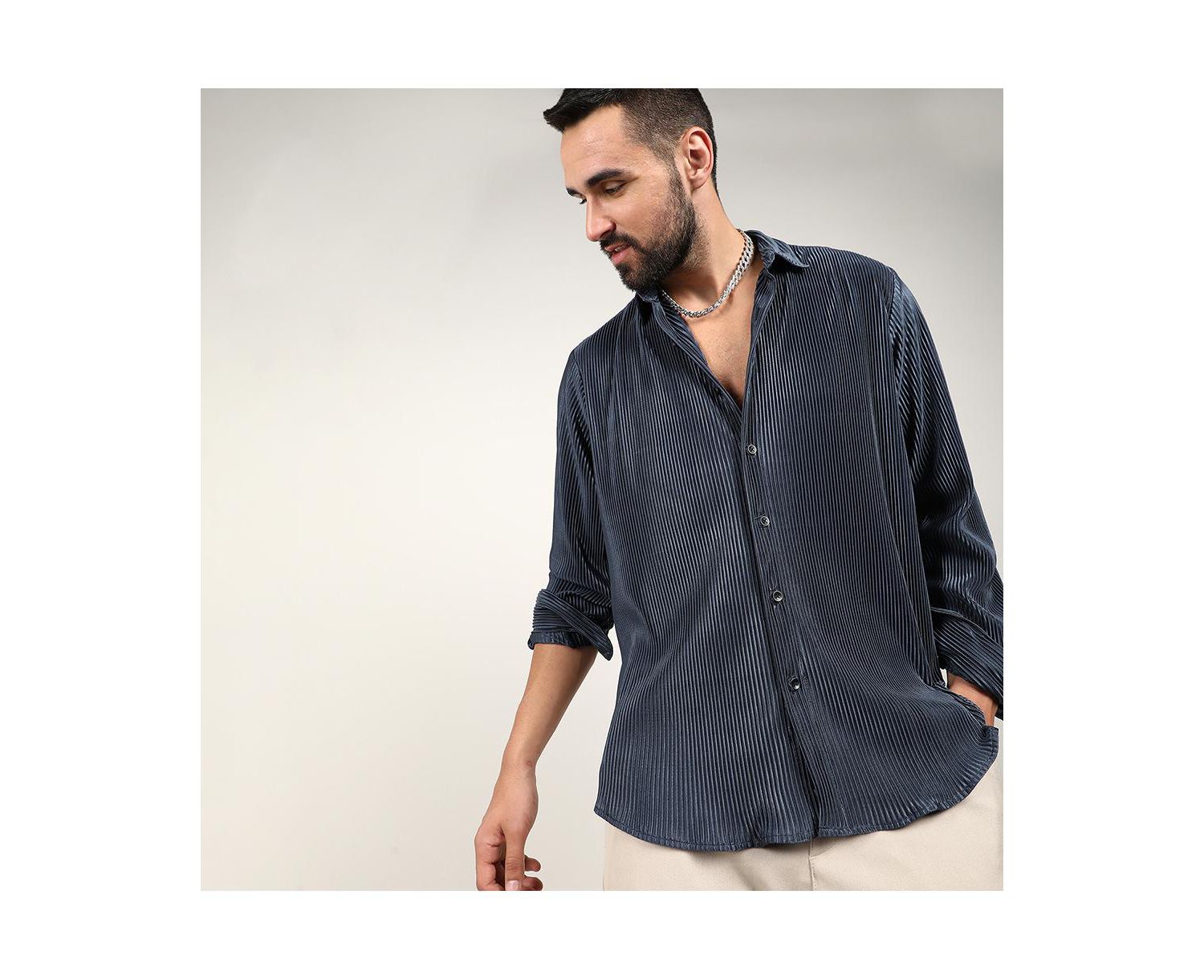 Men's Navy Blue Pleat-Creased Shirt