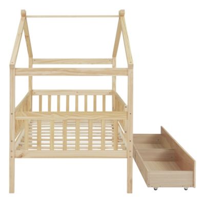 Twin Size Wooden House Bed With Two Drawers, Natural