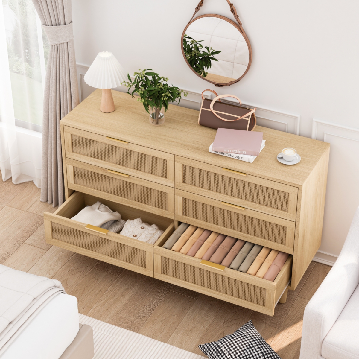 Simplie Fun Modern Rattan Dresser with 6 Drawers and Ample Storage Space