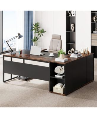71 inch Executive Desk, L Shaped Desk with Cabinet Storage, Executive Office Desk with Shelves for Home Office