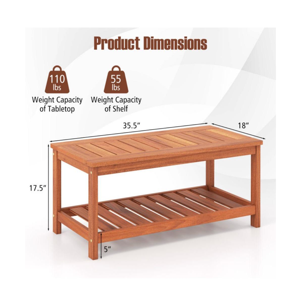 Sugift 2-Tier Patio Coffee Table with Slatted Tabletop and Shelf