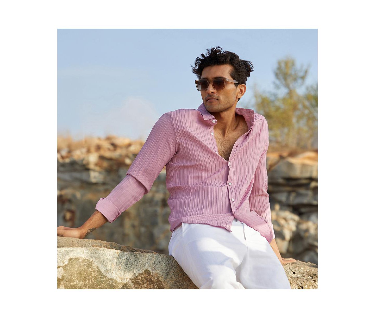 Мужская рубашка Cahoot Campus Sutra Salmon Pink Self-Design Striped, цвет: Розовый — фото 2