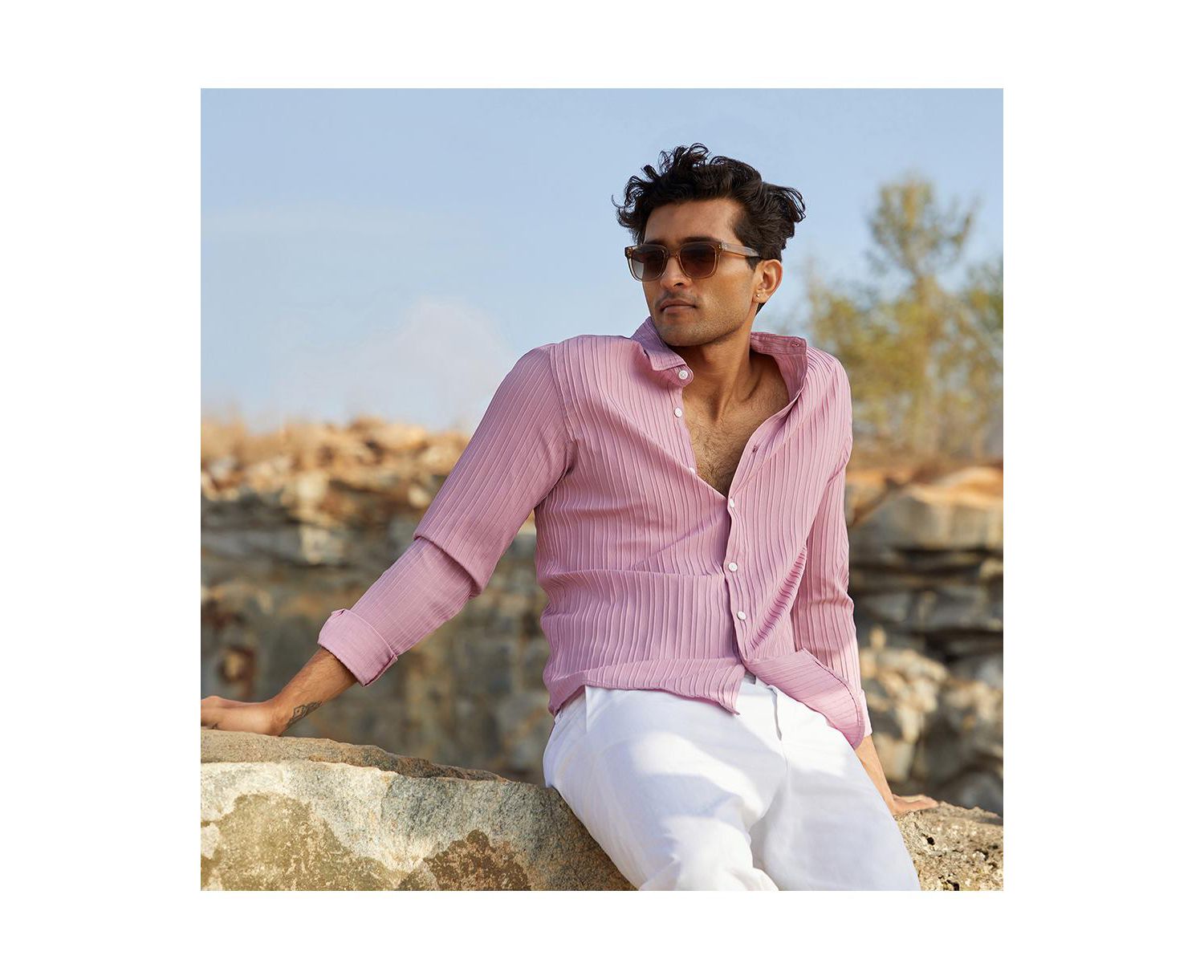 Men's Salmon Pink Self-Design Striped Shirt