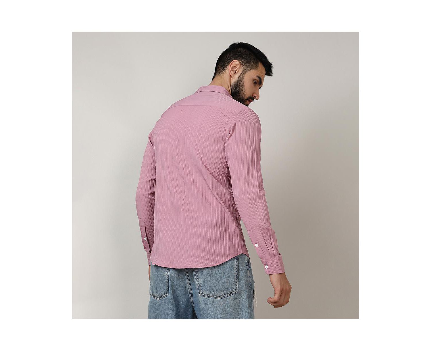 Men's Salmon Pink Self-Design Striped Shirt