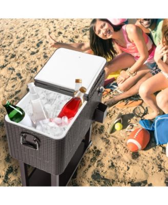 80QT Rattan Square Legs Cooler with Shelf Portable Patio Party Cooler Cart